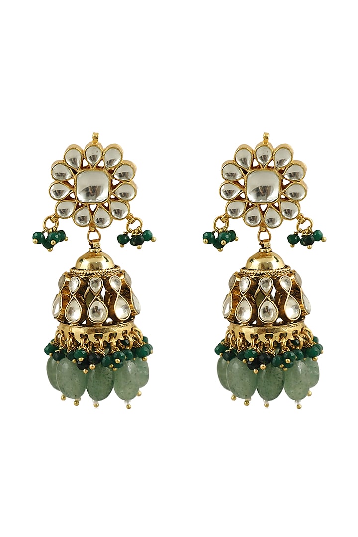 Gold Plated Sea Green & Dark Green Beaded Jhumka Earrings by Riana Jewellery at Pernia's Pop Up Shop