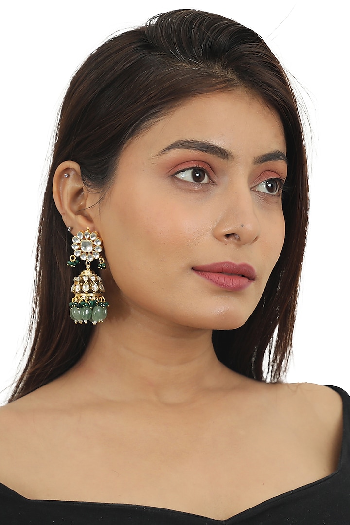 Gold Plated Sea Green & Dark Green Beaded Jhumka Earrings by Riana Jewellery