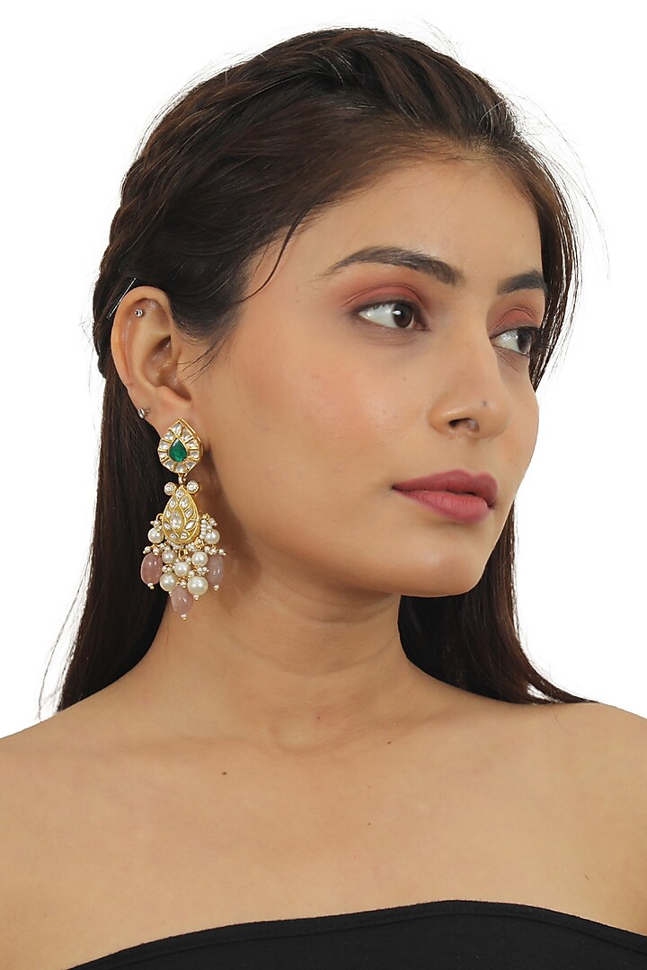 Gold Plated Pearl & Pastel Pink Beaded Meenakari Dangler Earrings by Riana Jewellery at Pernia's Pop Up Shop
