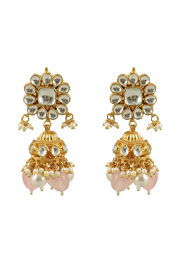 Gold Plated Light Pink Beaded Jhumka Earrings by Riana Jewellery at Pernia's Pop Up Shop