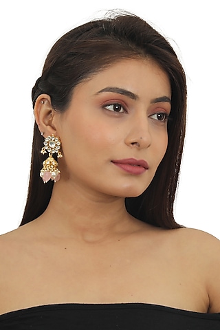 Gold Plated Light Pink Beaded Jhumka Earrings by Riana Jewellery