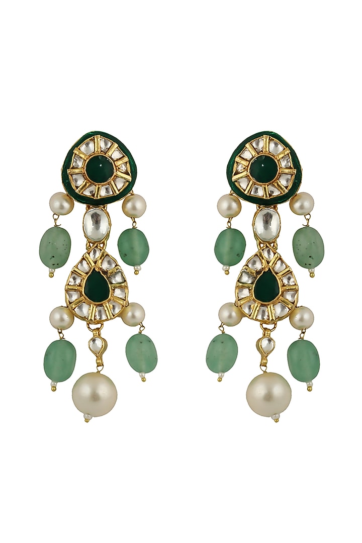 Gold Plated Pearl & Sea Green Beaded Meenakari Dangler Earrings by Riana Jewellery at Pernia's Pop Up Shop
