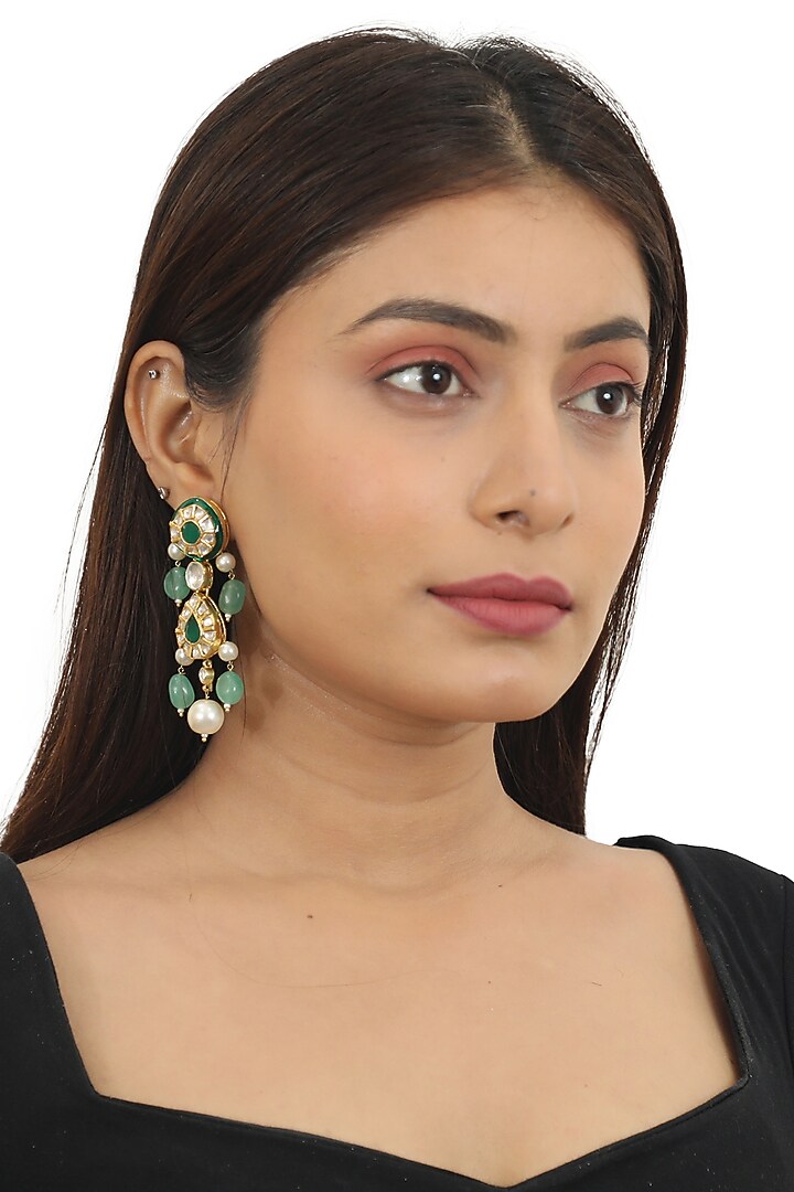 Gold Plated Pearl & Sea Green Beaded Meenakari Dangler Earrings by Riana Jewellery at Pernia's Pop Up Shop