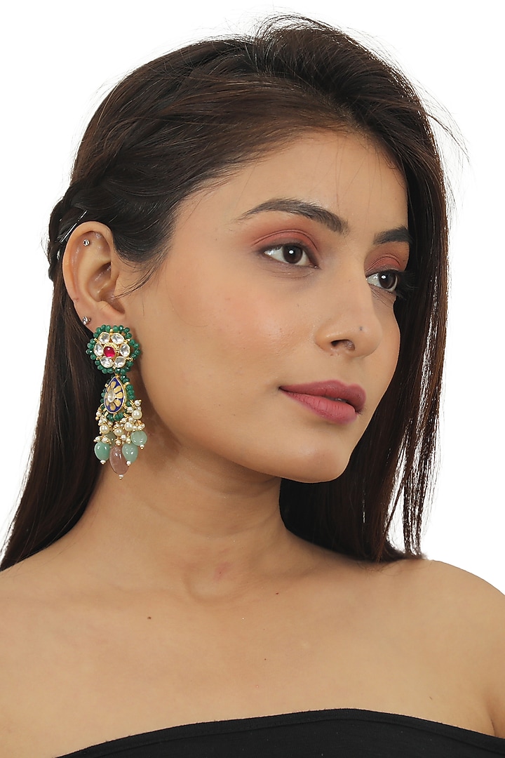 Gold Plated Pink Jadtar Dangler Earrings by Riana Jewellery at Pernia's Pop Up Shop