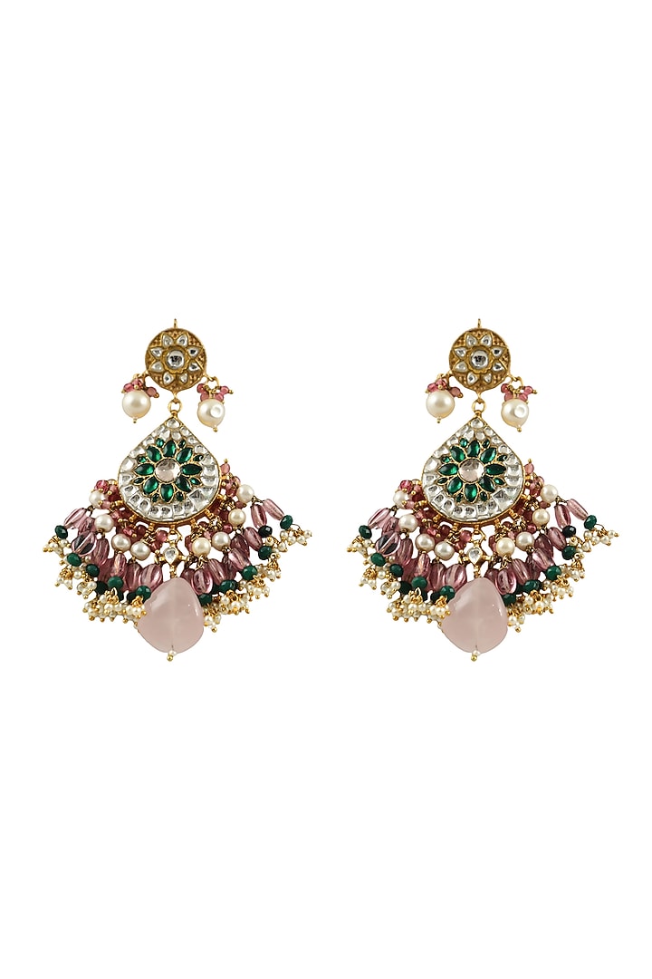 Gold Plated Green Stone & Pink Beaded Dangler Earrings by Riana Jewellery at Pernia's Pop Up Shop