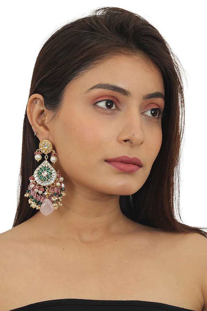 Gold Plated Green Stone & Pink Beaded Dangler Earrings by Riana Jewellery at Pernia's Pop Up Shop
