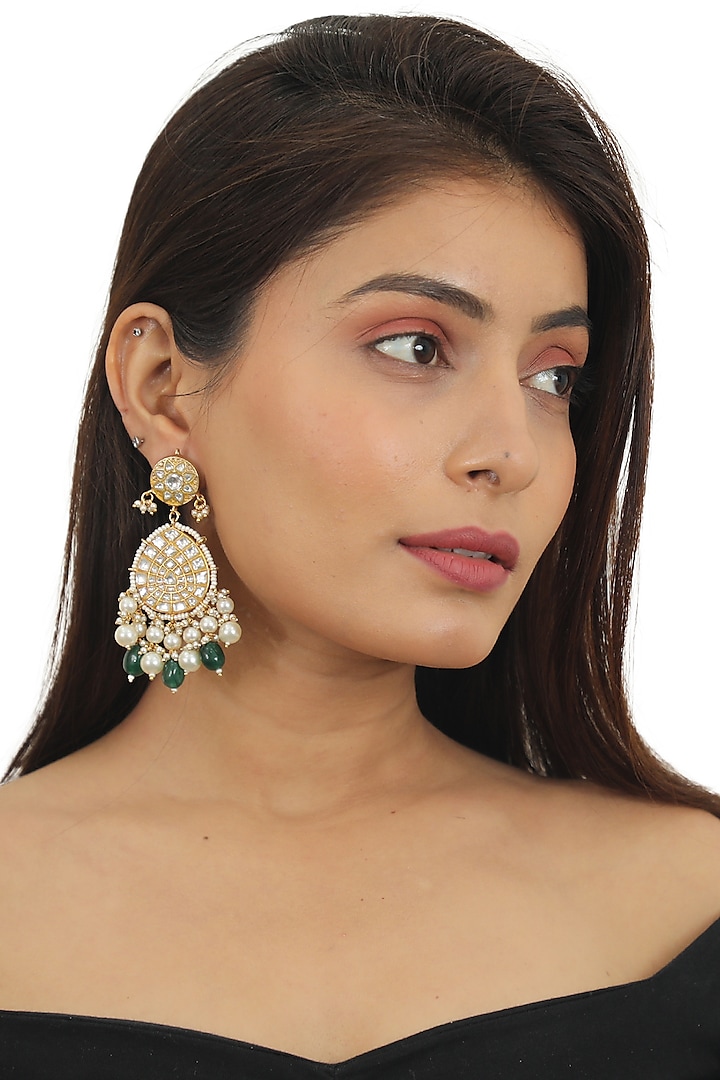 Gold Plated Stone & Green Beaded Dangler Earrings by Riana Jewellery at Pernia's Pop Up Shop