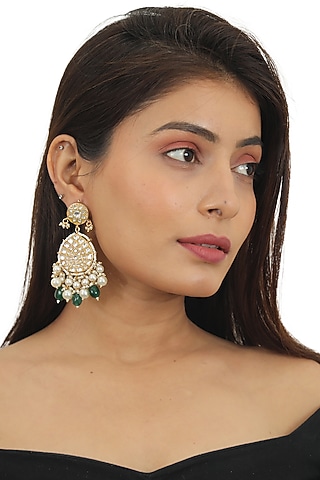Gold Plated Stone & Green Beaded Dangler Earrings by Riana Jewellery