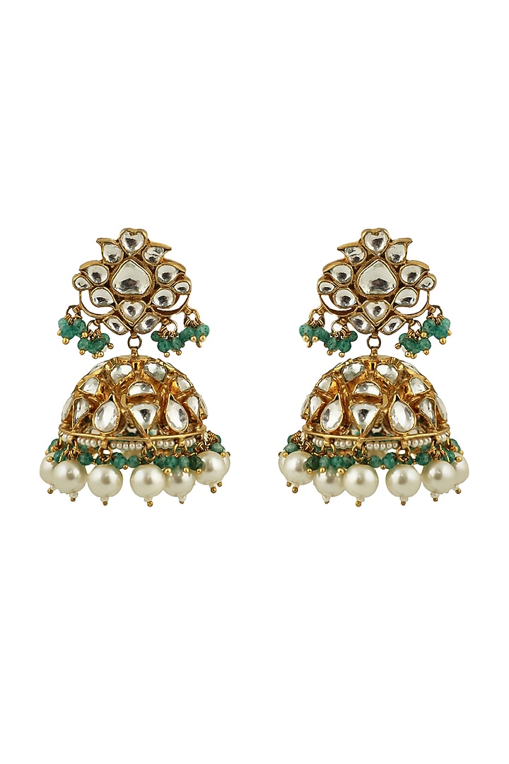 Gold Plated Pearl & Sea Green Beaded Jhumka Earrings by Riana Jewellery at Pernia's Pop Up Shop