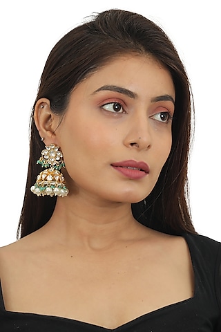 Gold Plated Pearl & Sea Green Beaded Jhumka Earrings by Riana Jewellery