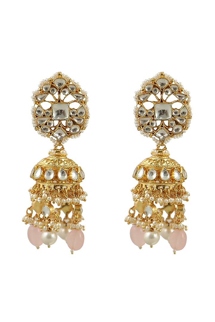 Gold Plated Light Pink Beaded Jhumka Earrings by Riana Jewellery at Pernia's Pop Up Shop