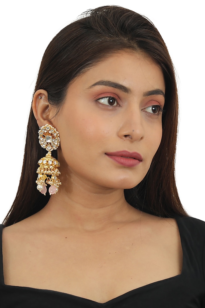 Gold Plated Light Pink Beaded Jhumka Earrings by Riana Jewellery