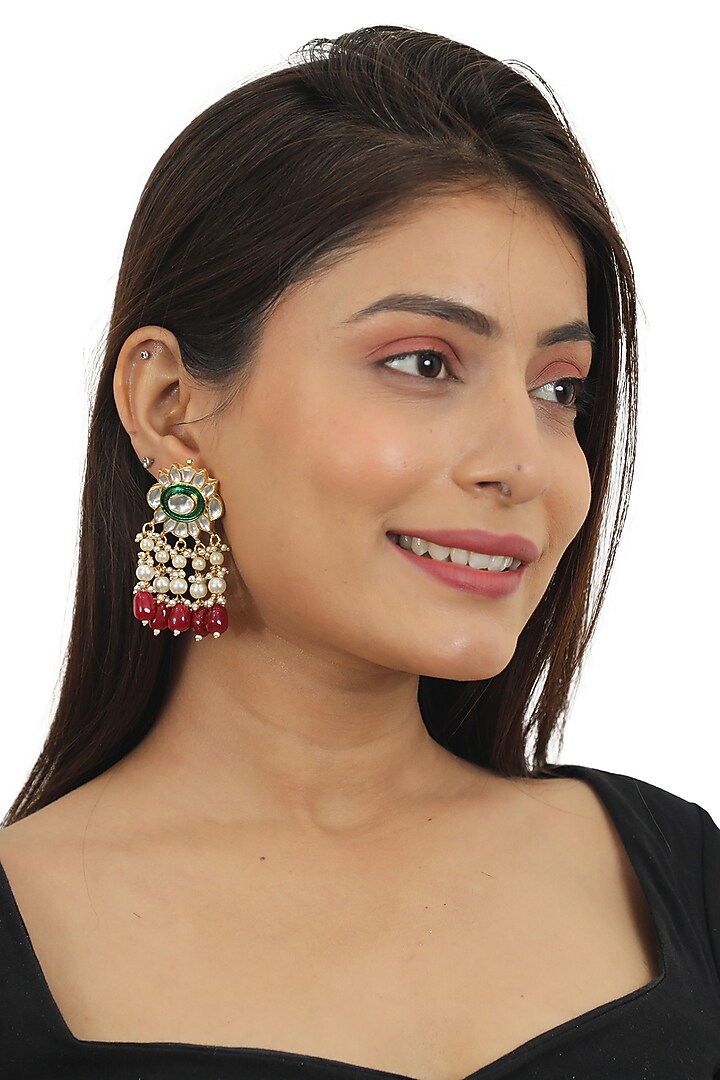 Gold Plated Red Beaded Meenakari Dangler Earrings by Riana Jewellery at Pernia's Pop Up Shop