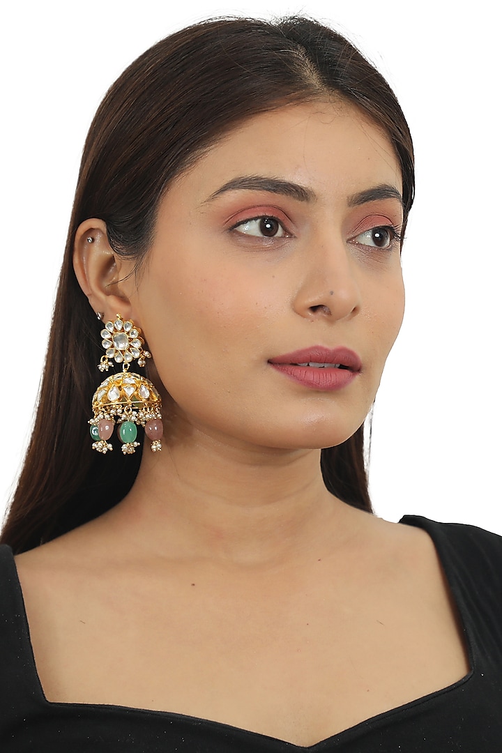 Gold Plated Beaded Jhumka Earrings by Riana Jewellery