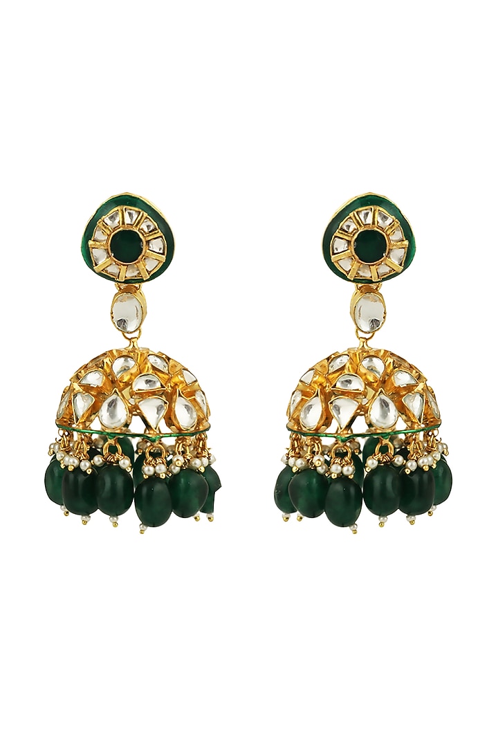 Gold Plated Green Beaded Meenakari Jhumka Earrings by Riana Jewellery at Pernia's Pop Up Shop