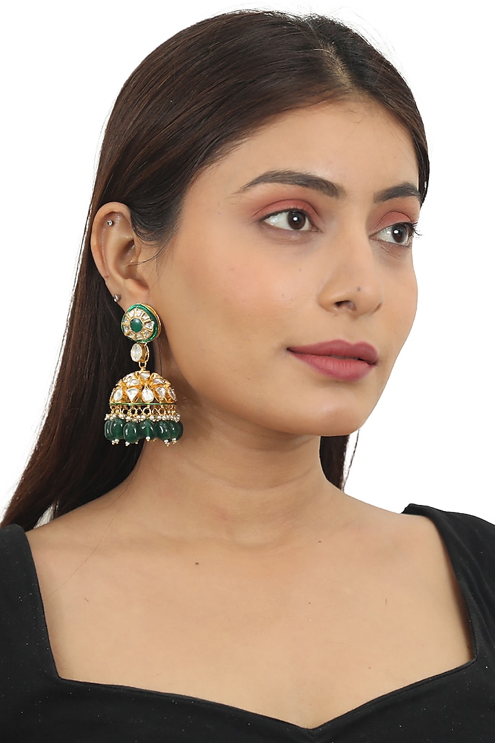 Gold Plated Green Beaded Meenakari Jhumka Earrings by Riana Jewellery