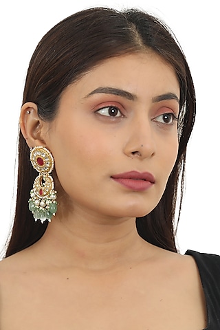 Gold Plated White & Pink Stone Jhumka Earrings by Riana Jewellery