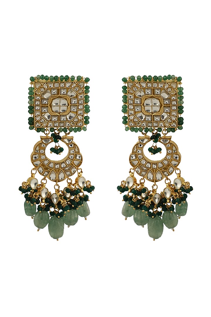 Gold Plated Jadtar Stone & Green Moti Dangler Earrings by Riana Jewellery at Pernia's Pop Up Shop