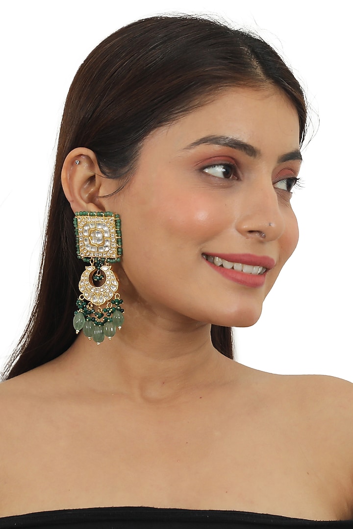 Gold Plated Jadtar Stone & Green Moti Dangler Earrings by Riana Jewellery at Pernia's Pop Up Shop