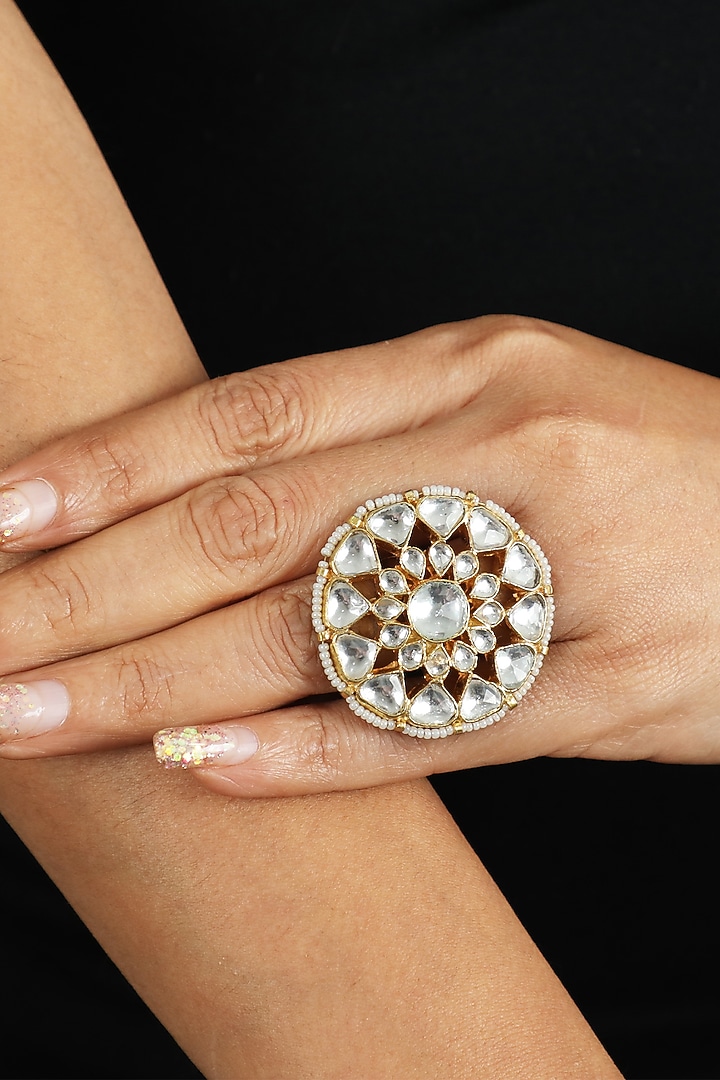 Gold Plated Pearl & Jadtar Ring by Riana Jewellery at Pernia's Pop Up Shop