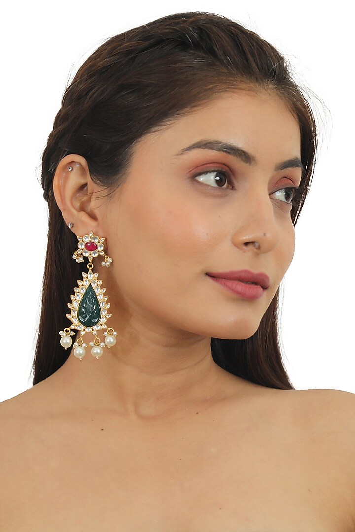 Gold Plated Pearl & Jadtar Dangler Earrings by Riana Jewellery at Pernia's Pop Up Shop