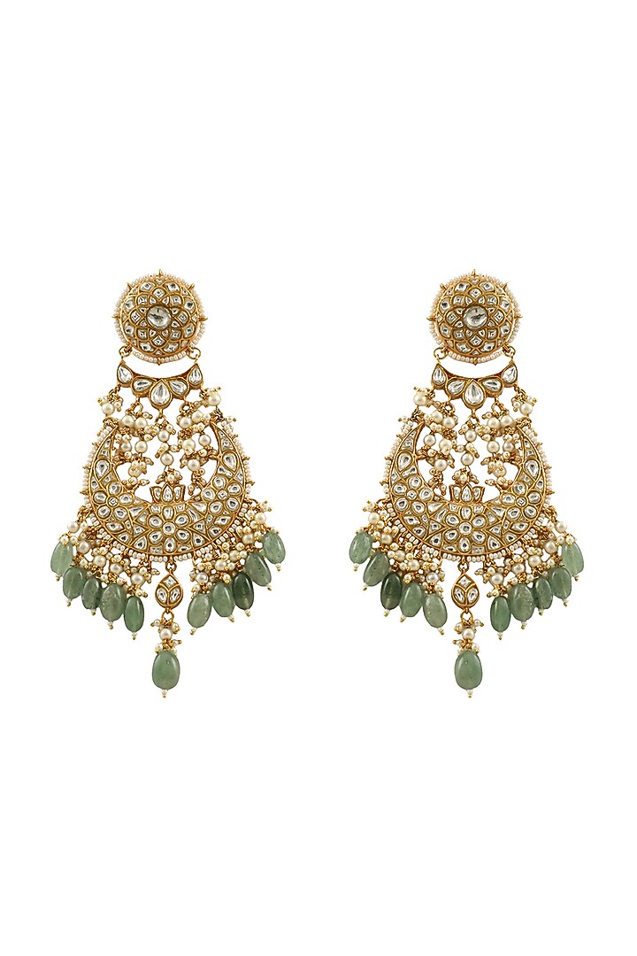 Gold Plated Jadtar & Sea Green Beaded Dangler Earrings by Riana Jewellery at Pernia's Pop Up Shop