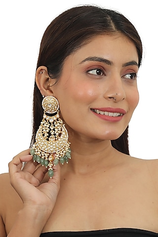 Gold Plated Jadtar & Sea Green Beaded Dangler Earrings by Riana Jewellery