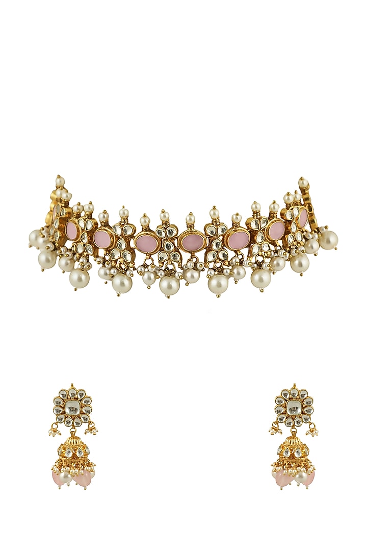 Gold Plated Pink Jadtar Choker Necklace Set by Riana Jewellery at Pernia's Pop Up Shop