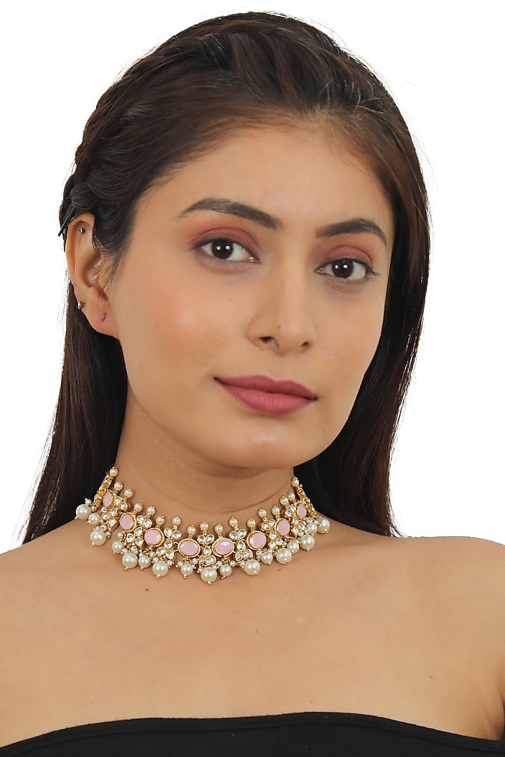 Gold Plated Pink Jadtar Choker Necklace Set by Riana Jewellery at Pernia's Pop Up Shop