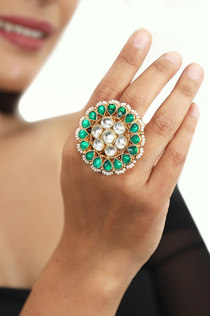 Gold Plated Jadtar Stones Ring by Riana Jewellery