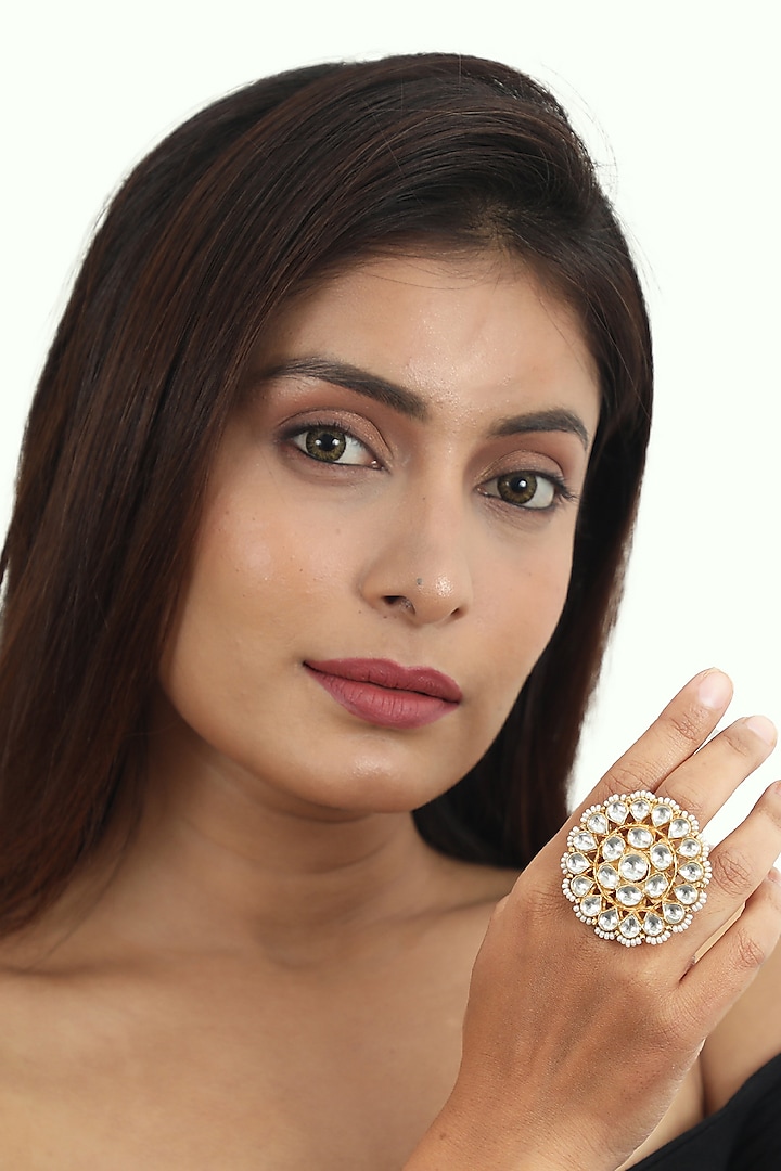 Gold Plated White Jadtar Ring by Riana Jewellery