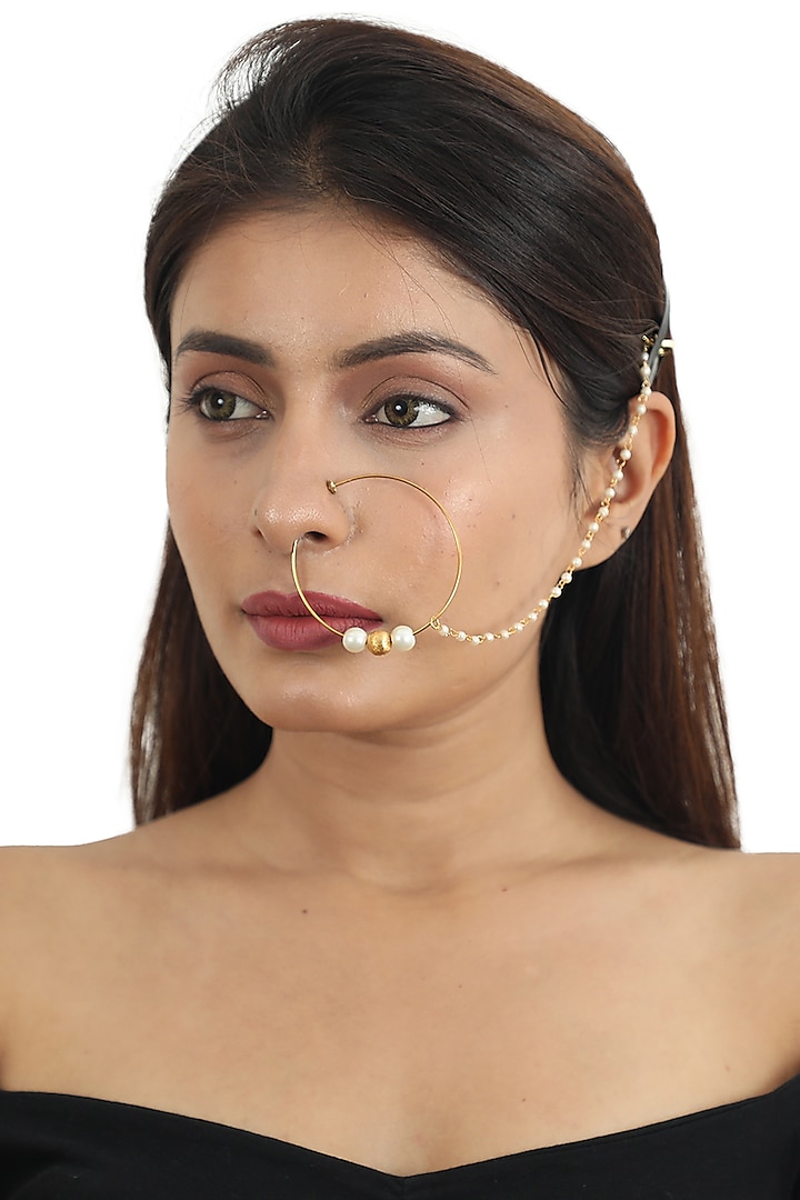 Gold Plated Jadtar Stones Nose Ring by Riana Jewellery