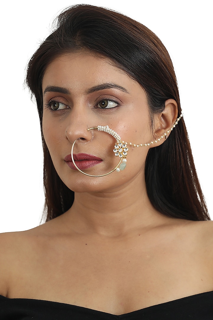 Gold Plated Pearls Nose Ring by Riana Jewellery