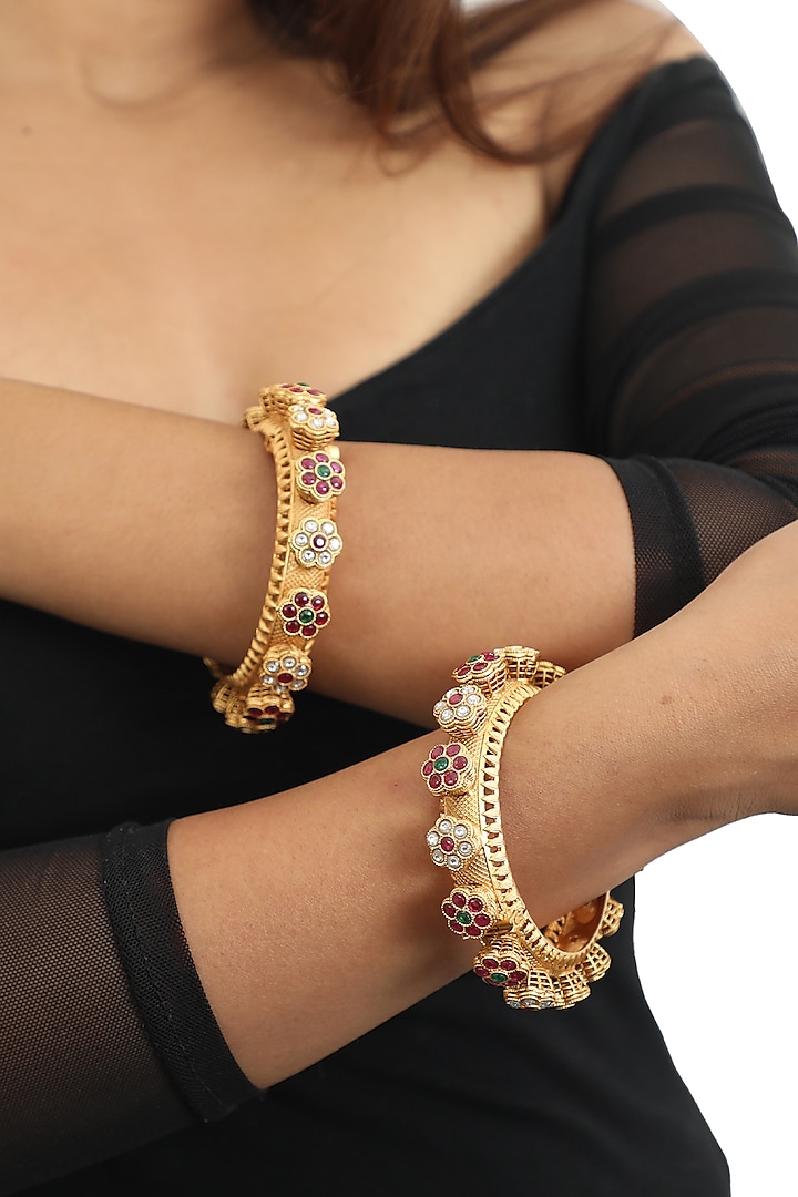 Gold Plated Jadtar Stones Bangles (Set Of 2) by Riana Jewellery