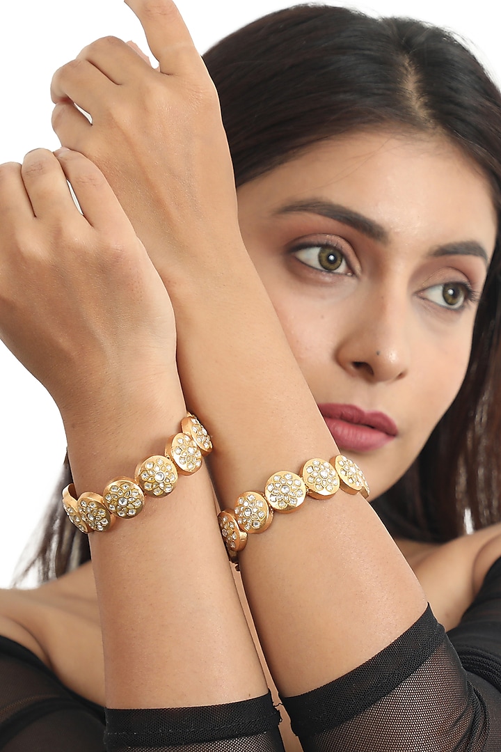 Gold Plated White Jadtar Bangles (Set Of 2) by Riana Jewellery