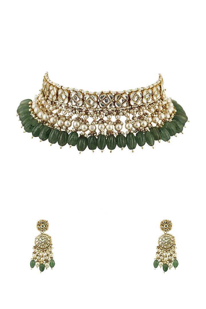 Gold Plated Jadtar Stones Necklace Set by Riana Jewellery at Pernia's Pop Up Shop