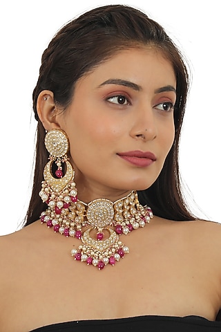 Gold Plated Jadtar Stone & Beads Necklace Set by Riana Jewellery