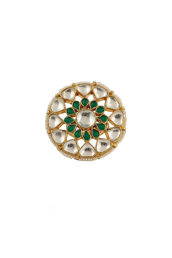Gold Plated White & Green Jadtar Stones Ring by Riana Jewellery at Pernia's Pop Up Shop