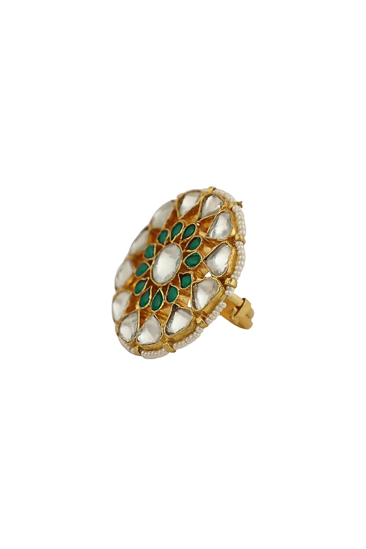 Gold Plated White & Green Jadtar Stones Ring by Riana Jewellery at Pernia's Pop Up Shop