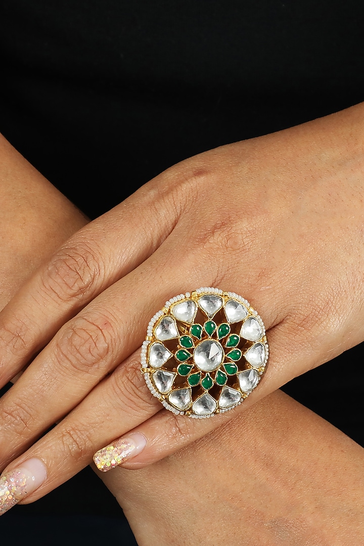 Gold Plated White & Green Jadtar Stones Ring by Riana Jewellery at Pernia's Pop Up Shop