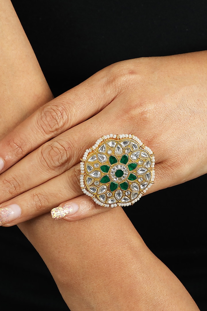 Gold Plated Floral Jadtar Stones Ring by Riana Jewellery