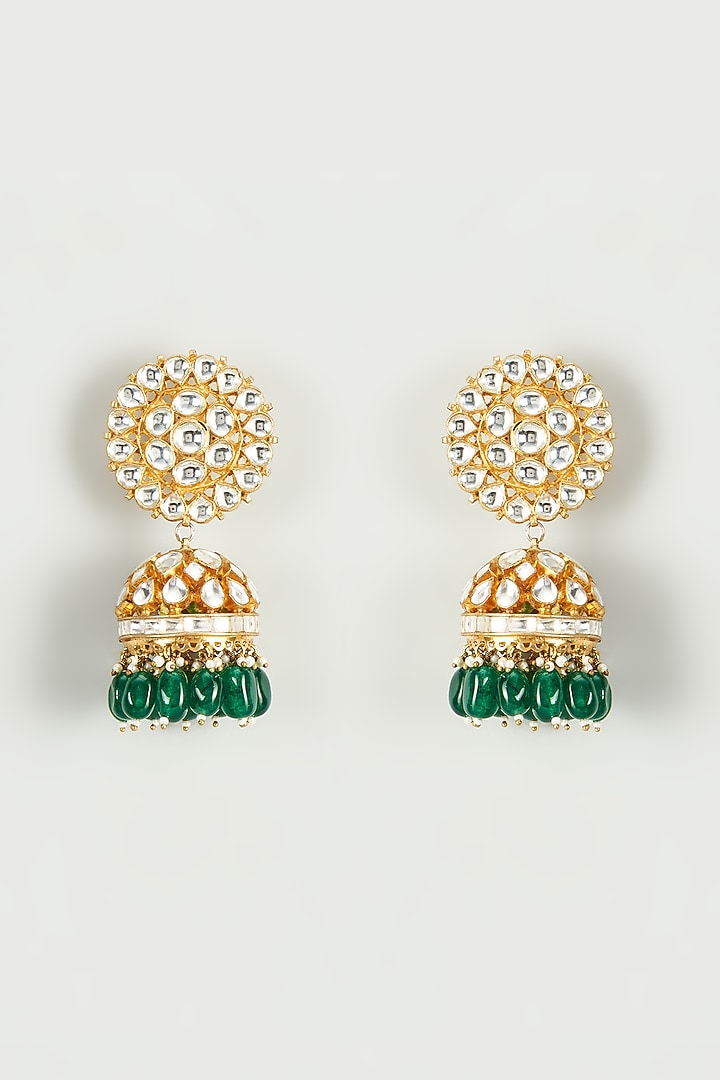 Gold Plated Jadtar Stone & Green Beaded Jhumka Earrings by Riana Jewellery at Pernia's Pop Up Shop
