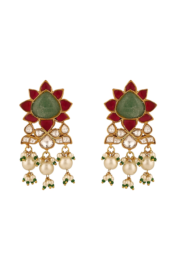 Matte Gold Plated Mint Green Jadtar Stone & Pearl Dangler Earrings by Riana Jewellery at Pernia's Pop Up Shop
