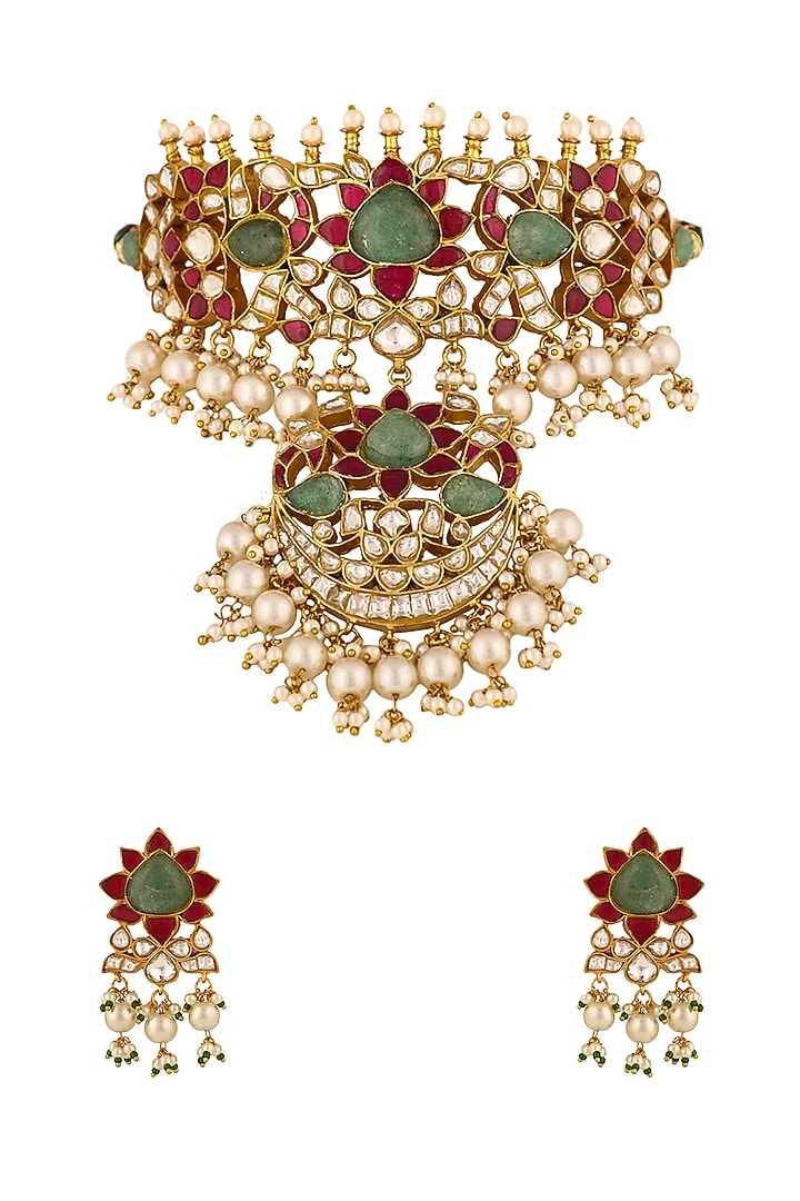 Matte Gold Plated Pink & Green Jadau Choker Necklace Set by Riana Jewellery at Pernia's Pop Up Shop