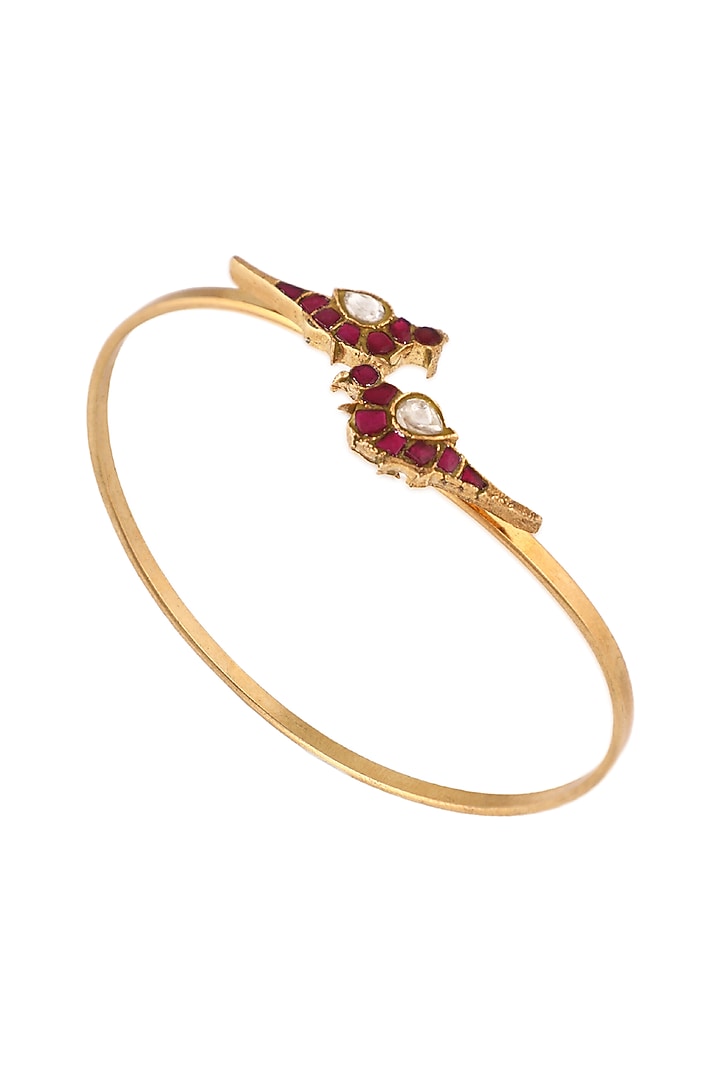 Matte Gold Plated Red & White Jadtar Stone Peacock Bracelet by Riana Jewellery at Pernia's Pop Up Shop