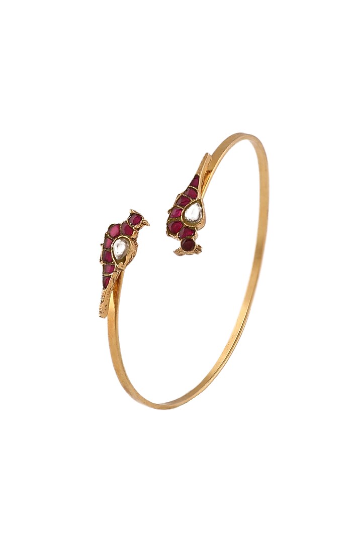 Matte Gold Plated Red & White Jadtar Stone Peacock Bracelet by Riana Jewellery at Pernia's Pop Up Shop