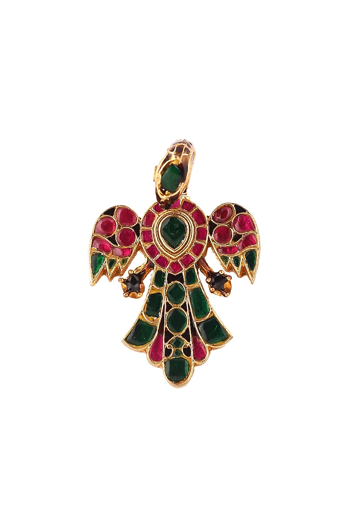 Matte Gold Plated Pink & Green Jadtar Stone Peacock Ring by Riana Jewellery at Pernia's Pop Up Shop