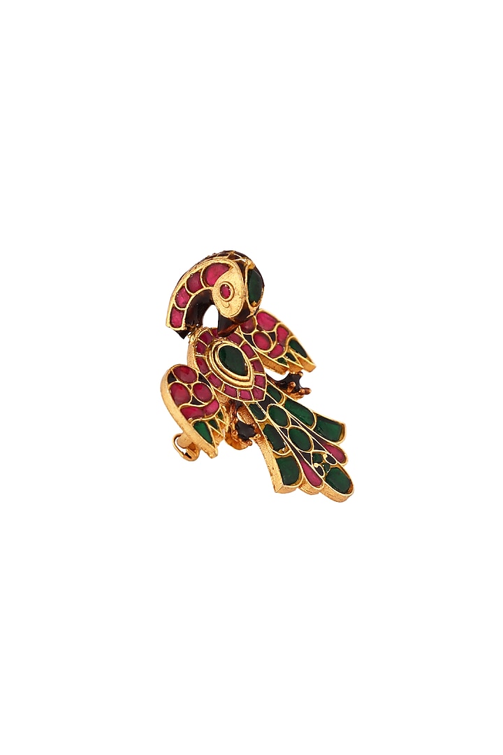 Matte Gold Plated Pink & Green Jadtar Stone Peacock Ring by Riana Jewellery at Pernia's Pop Up Shop