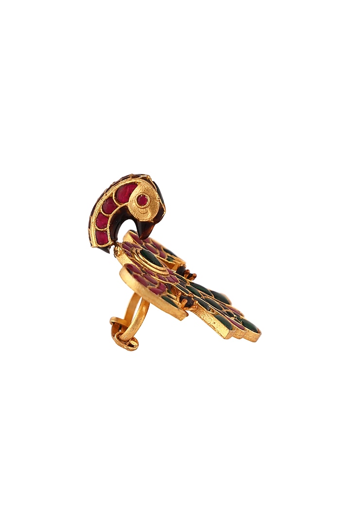 Matte Gold Plated Pink & Green Jadtar Stone Peacock Ring by Riana Jewellery at Pernia's Pop Up Shop
