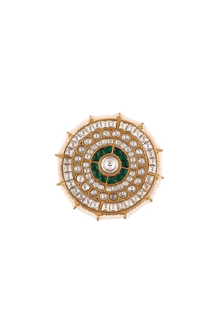Matte Gold Plated Green Jadtar Stone & Pearl Floral Ring by Riana Jewellery at Pernia's Pop Up Shop